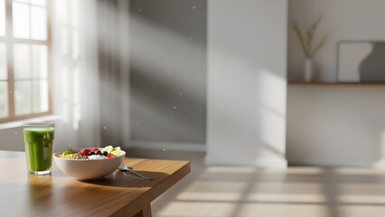 Vibrant smoothie bowl and green juice on a bright wooden table in sunny room for healthy lifestyle concept and mindful eating