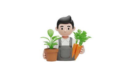 Cartoon farmer holding a potted plant and carrots