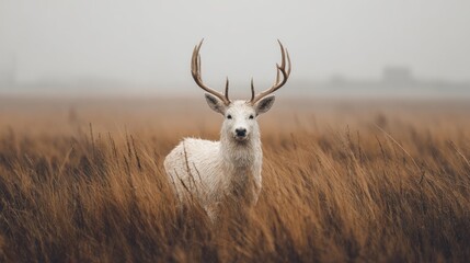 Obraz premium Ethereal White Deer Standing Tall in a Misty Golden Field at Autumn