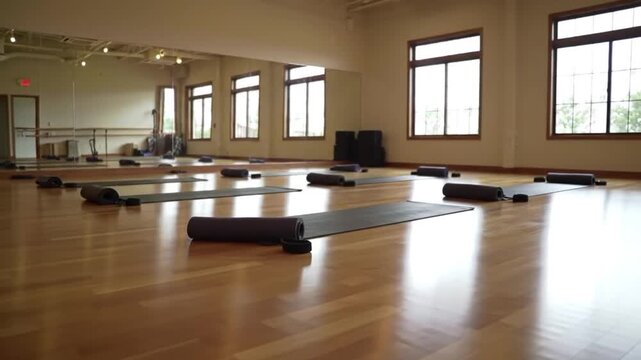 Spacious  room prepared with yoga mats and rollers for classes.