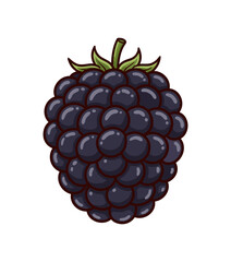 Cartoon single dark purple blackberry illustration with green leaves