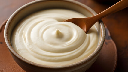 Creamy dairy dessert in ceramic bowl with wooden spoon
