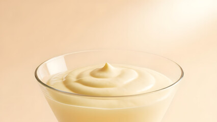 Creamy dessert in modern glass dish on pastel background
