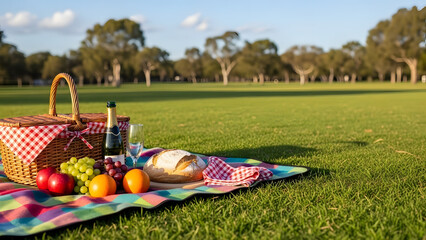 Idyllic picnic spread with woven basket, champagne, fresh fruits, and bread on a colorful blanket in a sunny park for outdoor leisure concept and summer relaxation