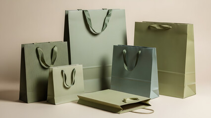 Minimalist green paper shopping bags on beige studio background