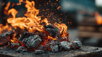 Charcoal pieces burning with visible flames and glowing embers.