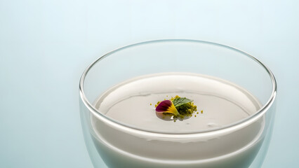 Creamy dessert in modern glass dish on pastel background
