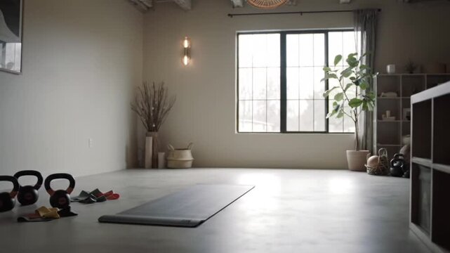 A minimalist yoga  with a mat and window awaits practice.