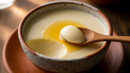 Creamy dairy dessert in ceramic bowl with wooden spoon