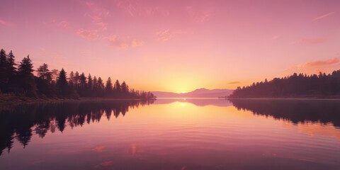 Naklejka premium Soft pink to vibrant orange sunset over a serene lake, peaceful atmosphere, sunset landscape, pink gradient