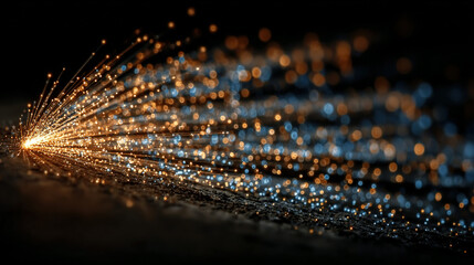 Close-up of glowing sparks or fiber optic strands emitting light in darkness.