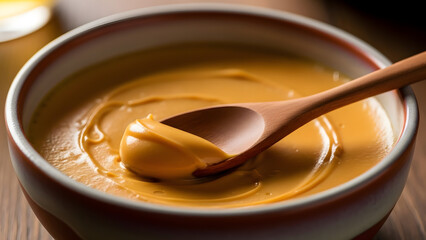 Creamy dairy dessert in ceramic bowl with wooden spoon