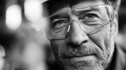 Senior engineer wearing a helmet and safety glasses, face partially obscured, with copy space