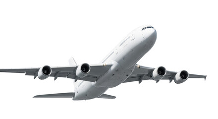 Obraz premium transparent sleek wide-body modern passenger jet ascending at a dynamic dutch angle on a seamless transparent background, clean commercial aesthetic. concept of global connectivity and efficiency