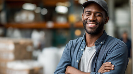 Obraz premium African American industrial employee implied, faceless, warehouse interior blurred, with copy space