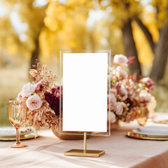 Acrylic blank table sign stands  on a beautifully decorated autumn wedding table, surrounded by soft florals