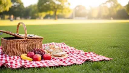 Classic picnic basket and fresh fruit arranged on a red checkered blanket in a sunny park at sunset for summer leisure concept and outdoor relaxation