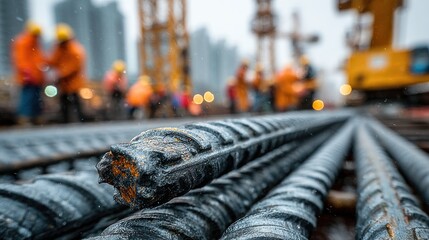 Construction workers in safety gear overseeing steel rebar pile on a rainy day at a building site