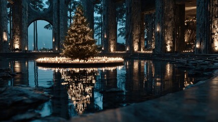 Enchanting Christmas Tree Surrounded by Candles Reflecting in Water with Ancient Columns