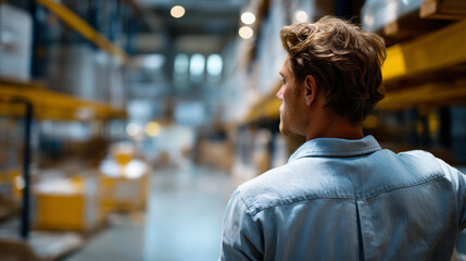 Fototapeta premium Warehouse worker standing in a logistics aisle, faceless, shelves blurred, with copy space