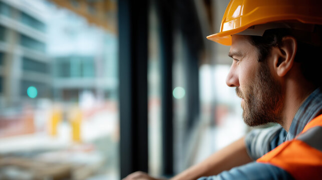Construction worker indoors at a site, face not visible, with copy space