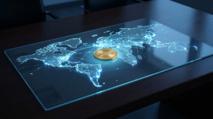 Gold Coin on a Glowing World Map, Representing Global Business Growth and Interconnected Digital Finance
