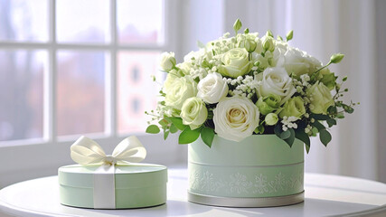 ペールグリーンとホワイトのばらのボックスアレンジメント