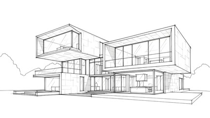 Modern architectural house design featuring sleek rectangular massing and minimalistic proportions, illustrated in detailed linework.