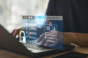 Cybersecurity and data protection concept with secure login interface, password authentication, digital cyber shield icon on laptop, online privacy, information safety, network security technology.