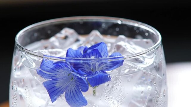 Blue flowers float in a glass filled with ice and clear liquid.
