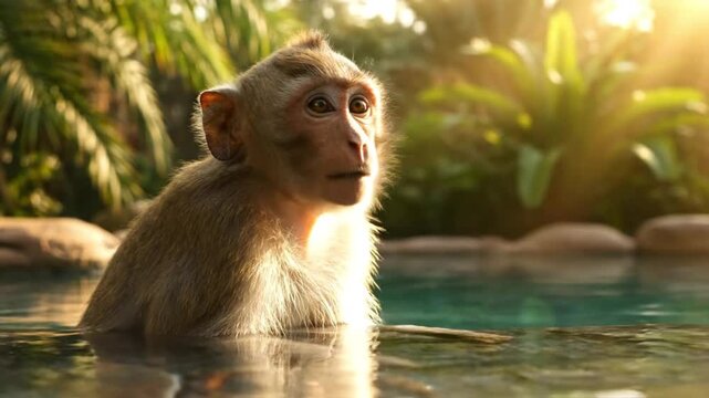 Young monkey enjoying a refreshing dip in a tropical jungle pool at sunset