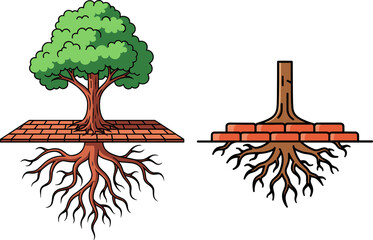 Tree with roots illustrated on bricks and soil depicting ecological balance highlighting growth and sustainability on a transparent background
