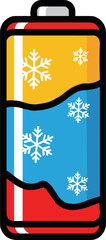 Colorful battery icon with snowflakes, representing cold weather, on a transparent background, showcasing bright colors in a playful and modern design.