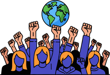 Group of diverse people raising fists in solidarity while holding Earth above, illustrating environmental activism and social movements on a transparent background