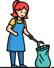 Young woman collecting trash with a picker in a cheerful setting, promoting cleanliness and ecology, isolated on a transparent background