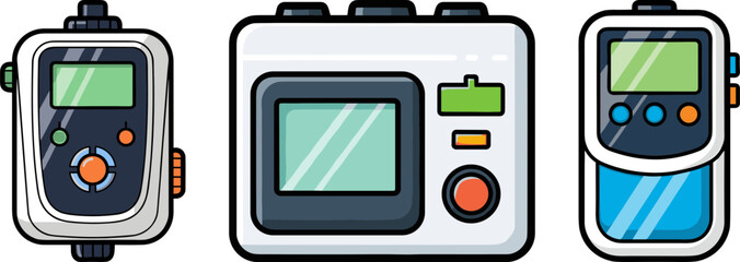 Three digital devices with screens and buttons isolated on a transparent background, showcasing different designs and functions for communication or measurement purposes.