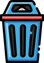 Blue trash can with a red lid, isolated on a transparent background, suitable for environmental sustainability discussions and waste management illustrations.