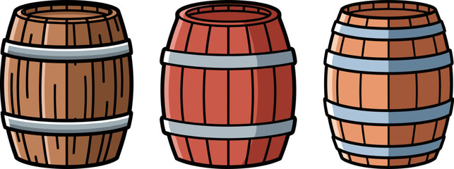 Three wooden barrels in different colors stacked together, showcasing rustic craftsmanship against a transparent background with detailed wood grain and metal bands.