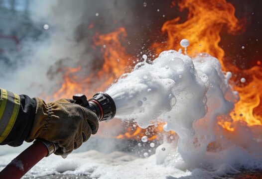 Firefighter spraying thick white foam from a hose nozzle against large, raging orange flames and smoke.