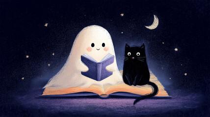 夜空の下で本を読むおばけのイラスト、物語を感じる可愛い絵