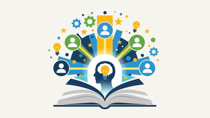 Obraz premium Open Book with Human Head and Icons.