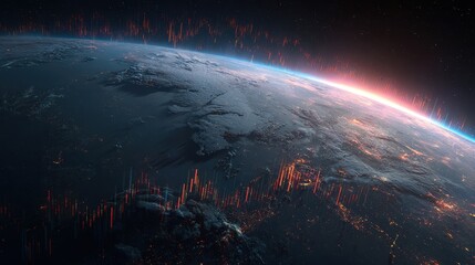 Futuristic satellite view of Earth with animated market signals, cinematic sci-fi, deep space colors, ultra-realistic 3D, finance tech.