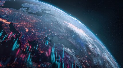 Futuristic satellite view of Earth with animated market signals, cinematic sci-fi, deep space colors, ultra-realistic 3D, finance tech.