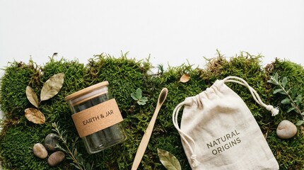 Natural products arranged on moss with wooden spoon and packaging