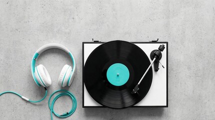 Vinyl record player with headphones on concrete background