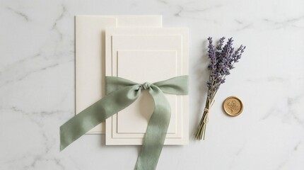 Elegant wedding invitation with ribbon and lavender on marble background
