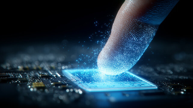 A biometric fingerprint scanning on a digital sensor, representing identity verification, cybersecurity access control and data protection technology.
 - Powered by Adobe
