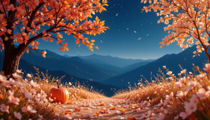 Breathtaking and peaceful autumn landscape with orange leaves, pumpkin, and distant blue mountains under clear sky