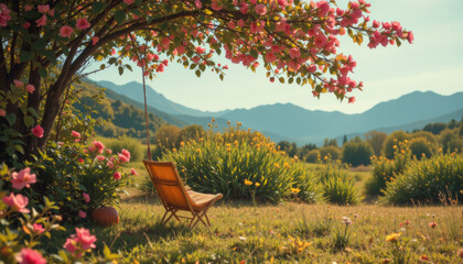 Spring flowers bloom under tree with pink blossoms and wooden chair swing in peaceful meadow with mountain view