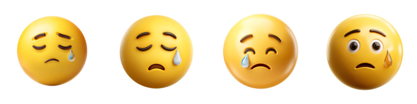 Four sad crying emoji faces showing different emotions